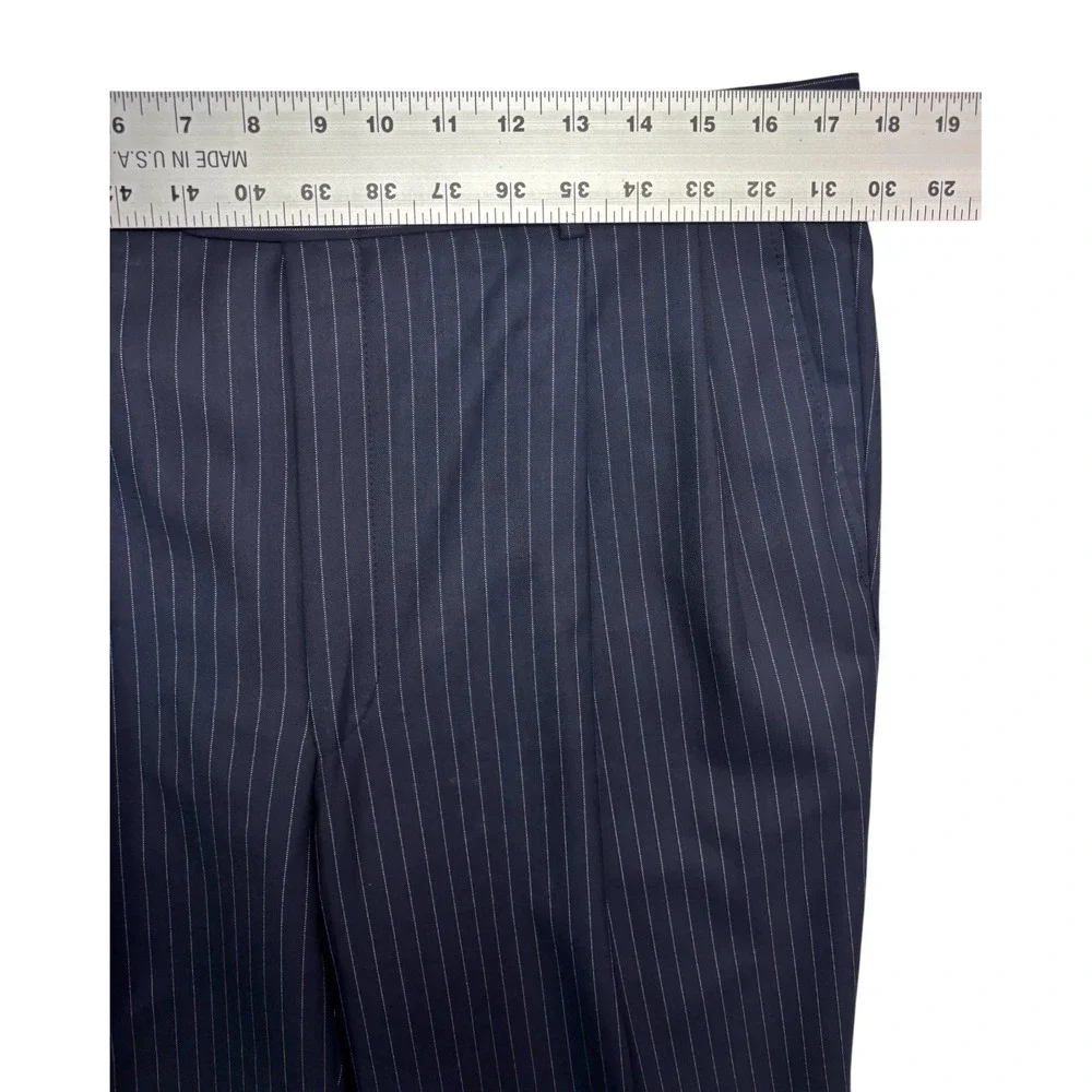 Hickey Freeman Limited 42L 35x36 Navy Blue Chalk Stripe 2pc Pant Suit Wool USA
